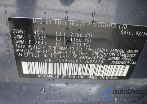 2015 Subaru Legacy 2.5I Limited z USA, uszkodzony, nr VIN 4S3BNAL61F3025528